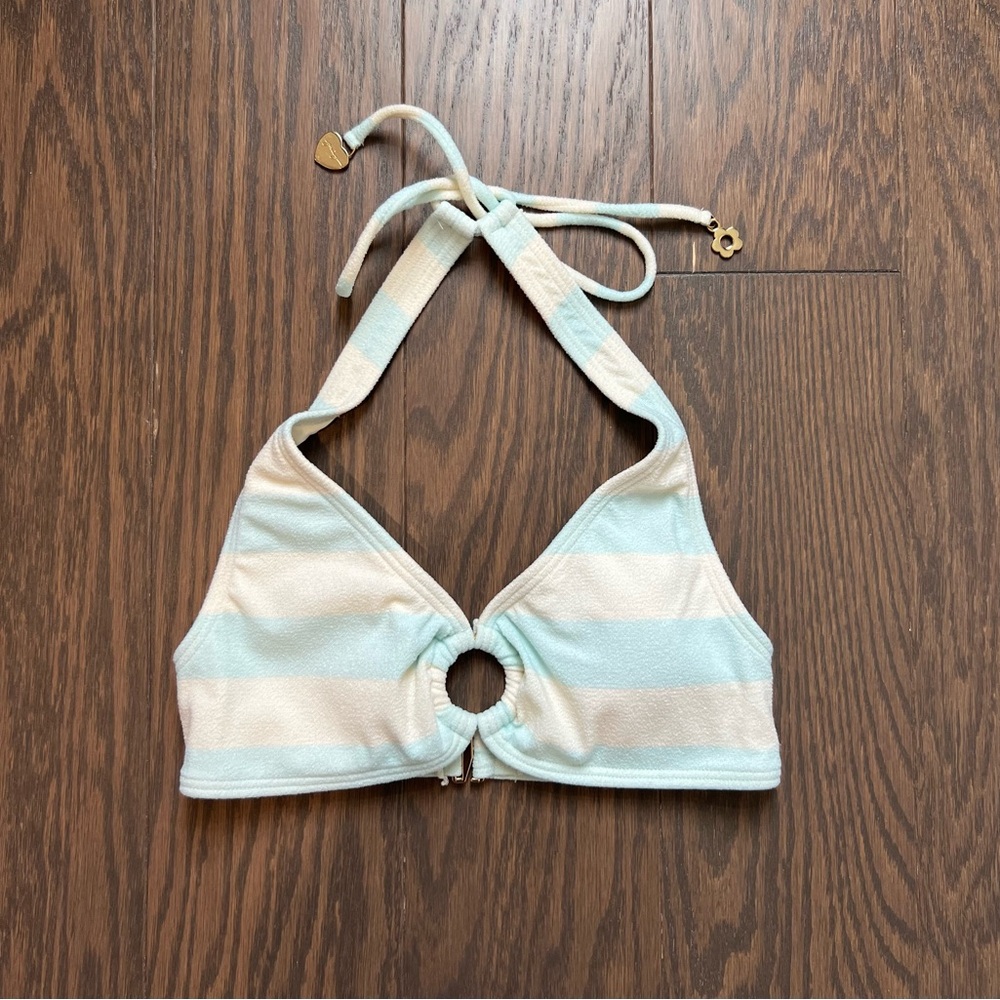 Juicy Couture Light Blue and White Striped Halter Bikini Top